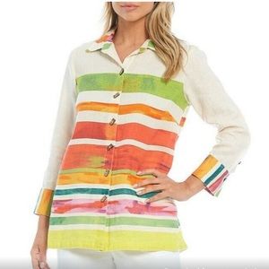 JOHN MARK M Art Abstract Stripe Print Button Front  3/4 Sleeve Linen Tunic art